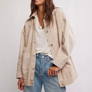 Free People We The Free Avery Denim Chore Jacket in "Ivory" Tan Size M